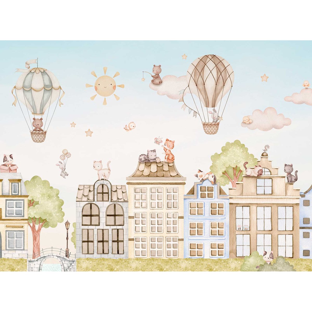 Papier peint chat chambre enfant - Chats sur les Toits bleu, HEXOA