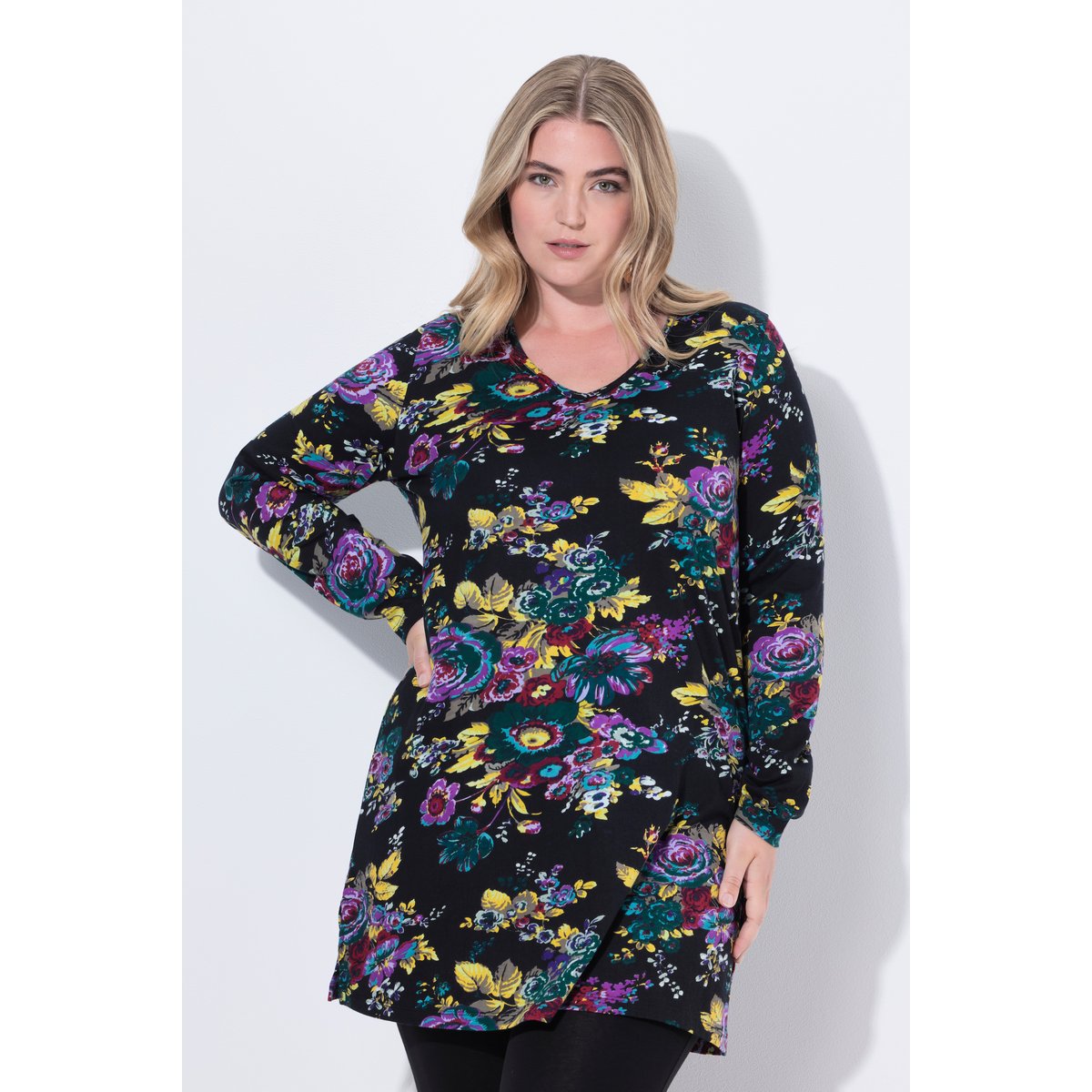 T-shirt long à fleurs noir, ULLA POPKEN