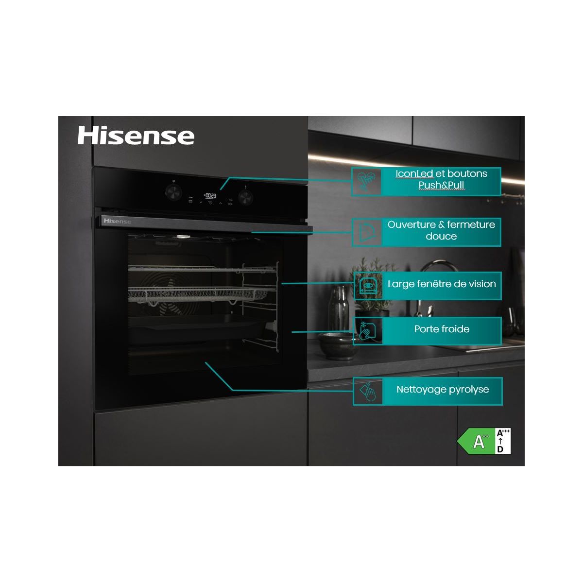 Four encastrable BI64223EPBG - Pyrolyse, Mode Pizza 300 C, Air Fry, Cavité EvenBake, 77L couleur unique, HISENSE