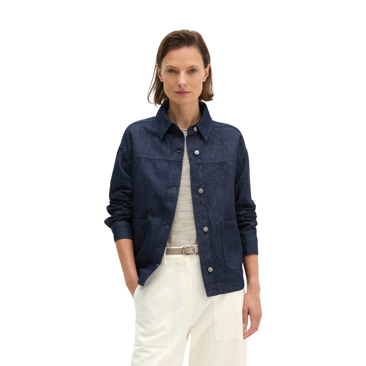 T-shirt en jean regular en mélange coton organique/lin bleu fooncé, MARC O'POLO