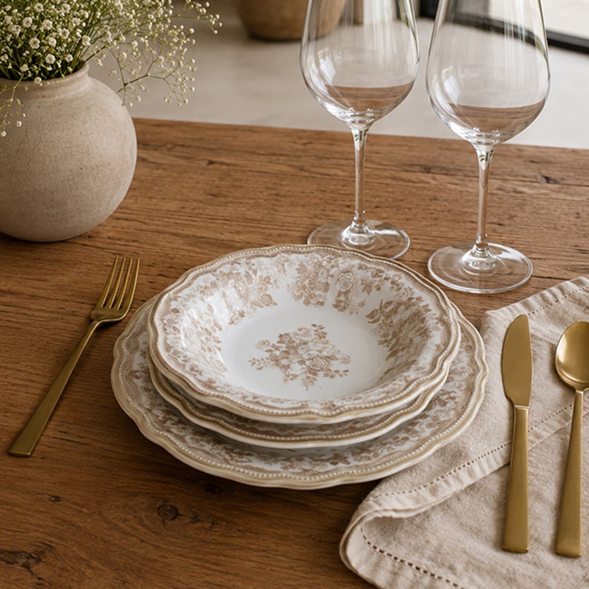 Lot de 6 assiettes creuses en grès 22cm, FAUSTINE miel, NOVASTYL
