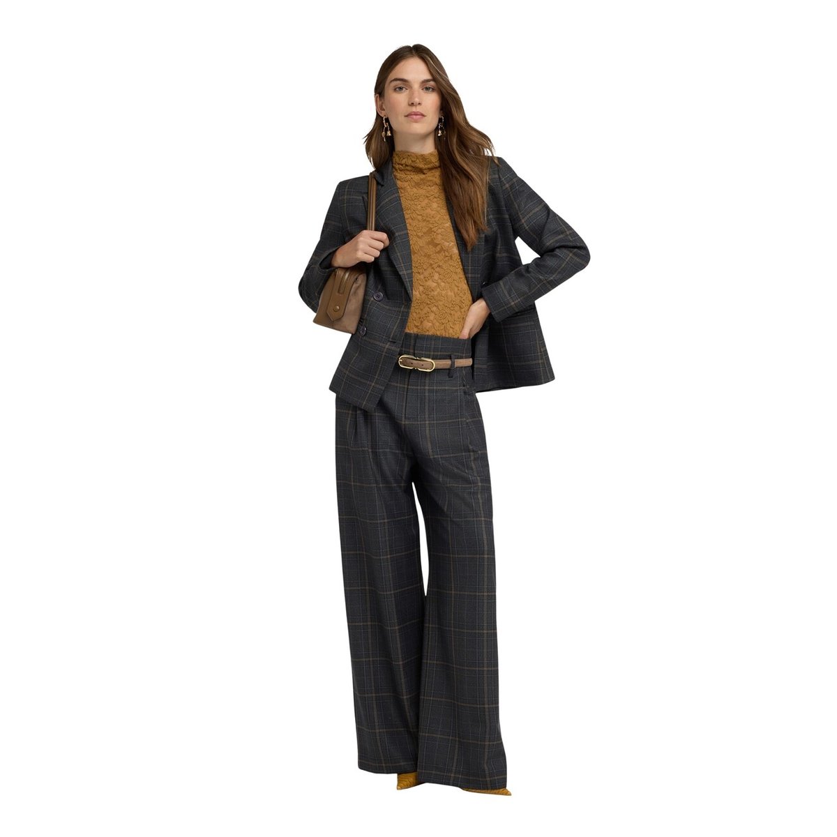 Pantalon palazzo taille haute à motif carreaux gris, MOTIVI