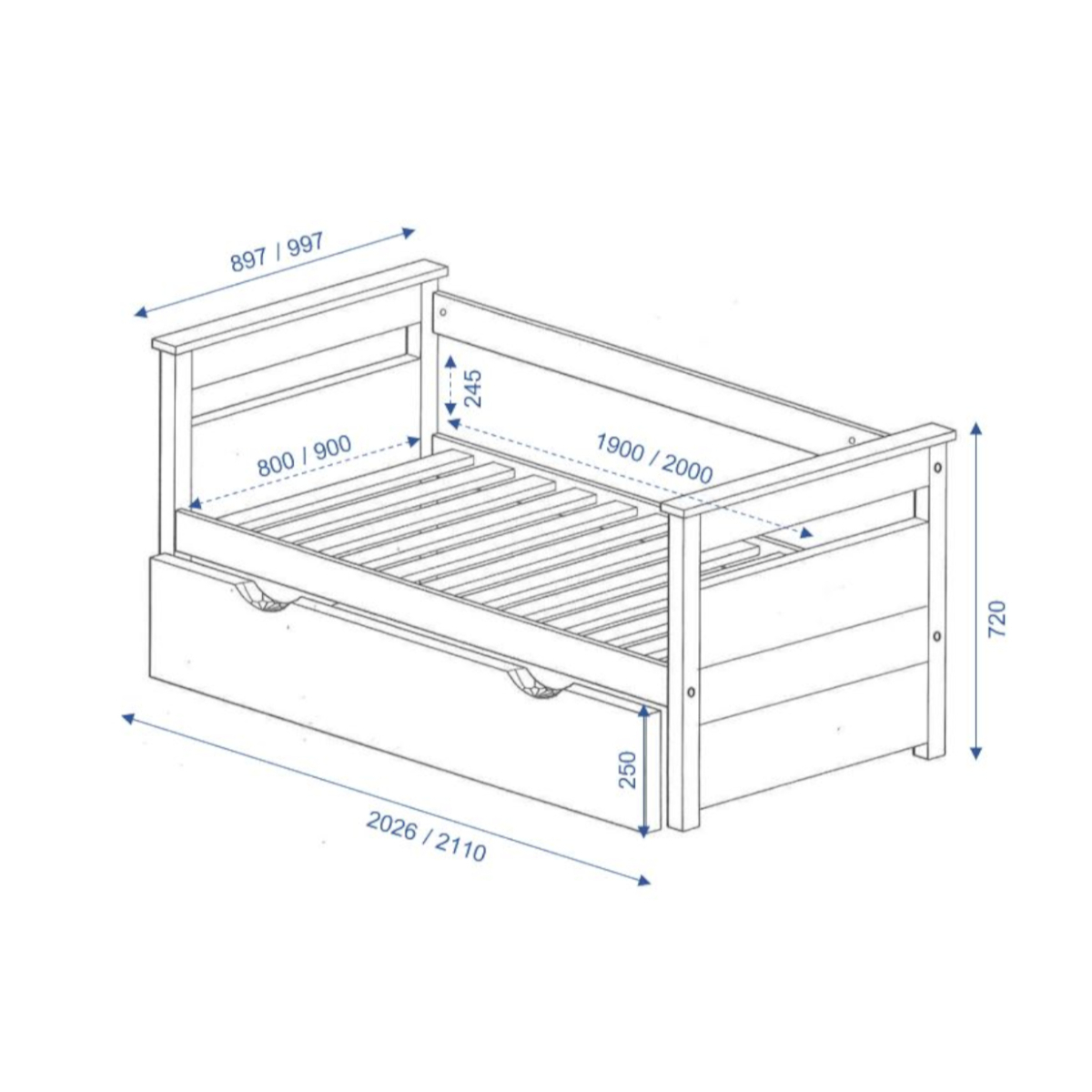 Lit banquette gigogne Bois massif  IZAO blanc et bois, AKITEN RETAIL