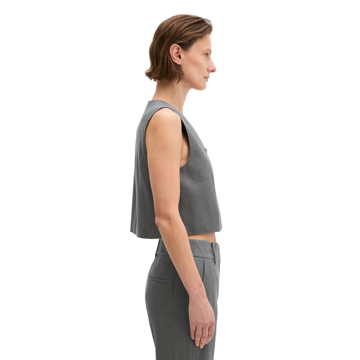 Gilet de costume cropped en viscose-lin stretch gris foncé, MARC O'POLO