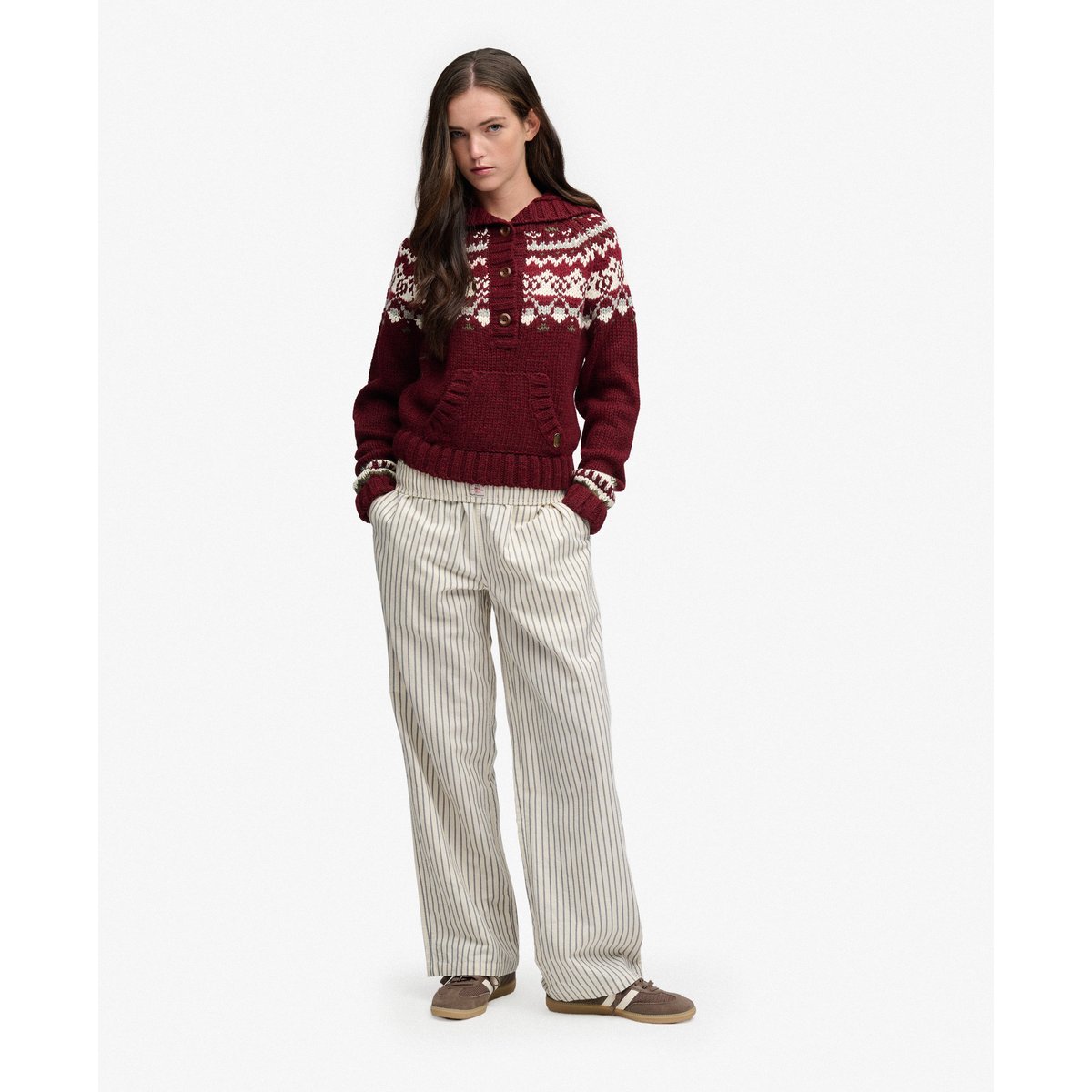 Sweat à capuche Fairisle ½ Bouton Coupe Décontractée rouge multi, SUPERDRY