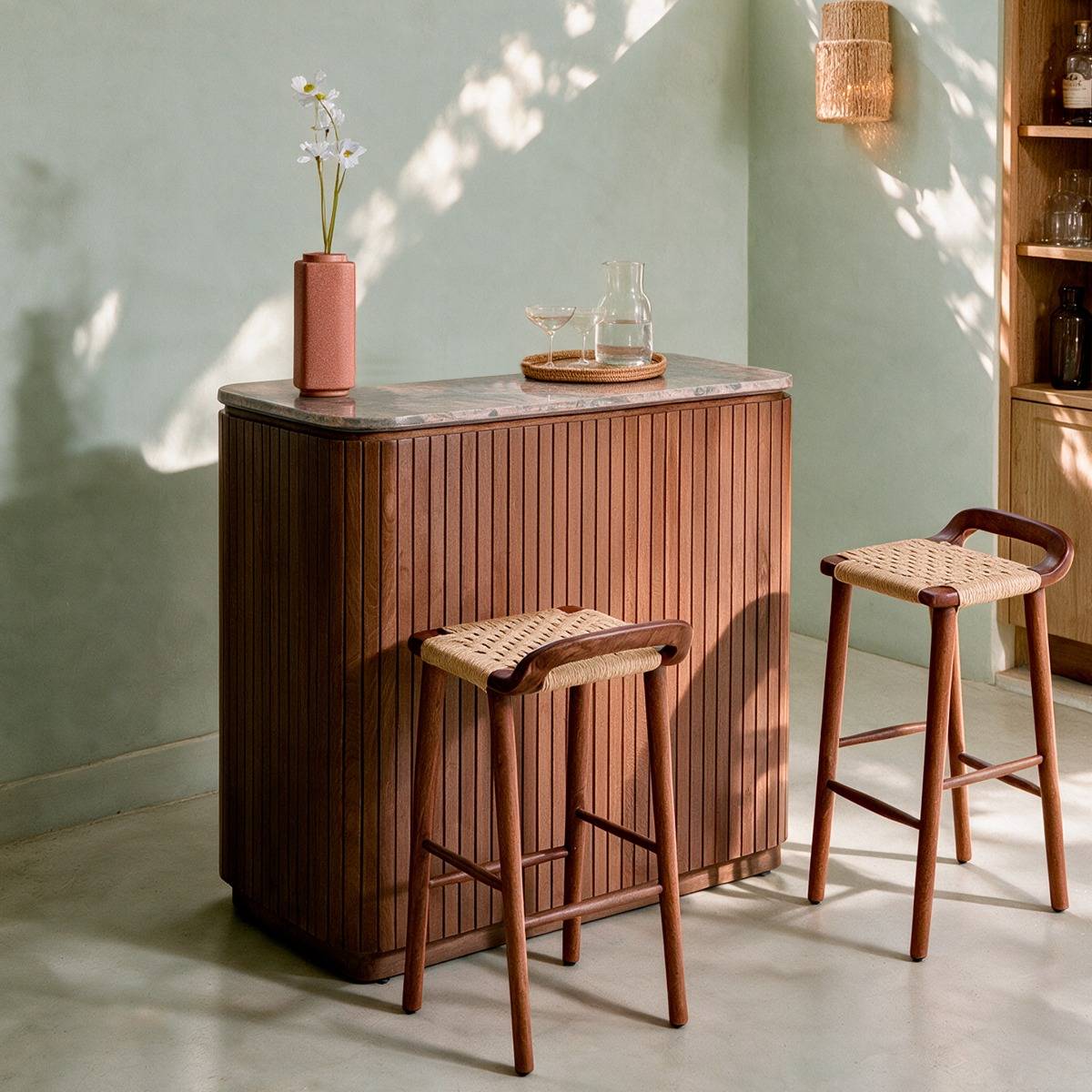 Meuble bar en bois de manguier et marbre AMAYA bois foncé, MADE IN MEUBLES