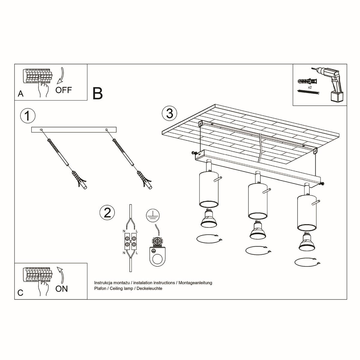 Plafonnier Acier Chrome GU10 3 Ring gris, EDEN