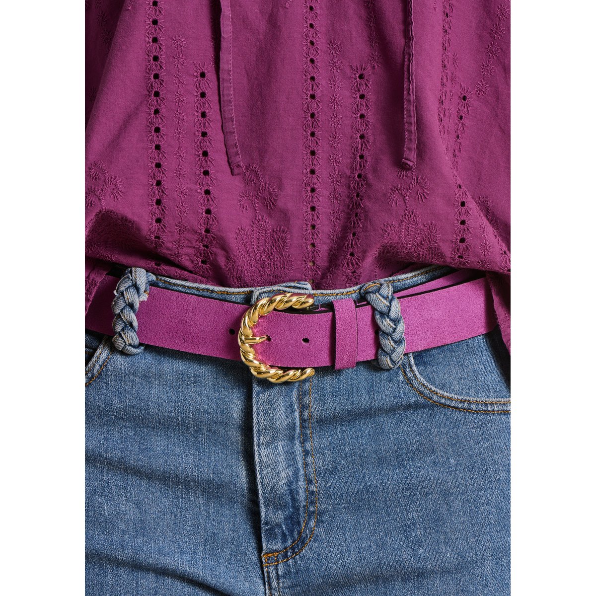 Ceinture en cuir boucle twistée violet, LA FEE MARABOUTEE