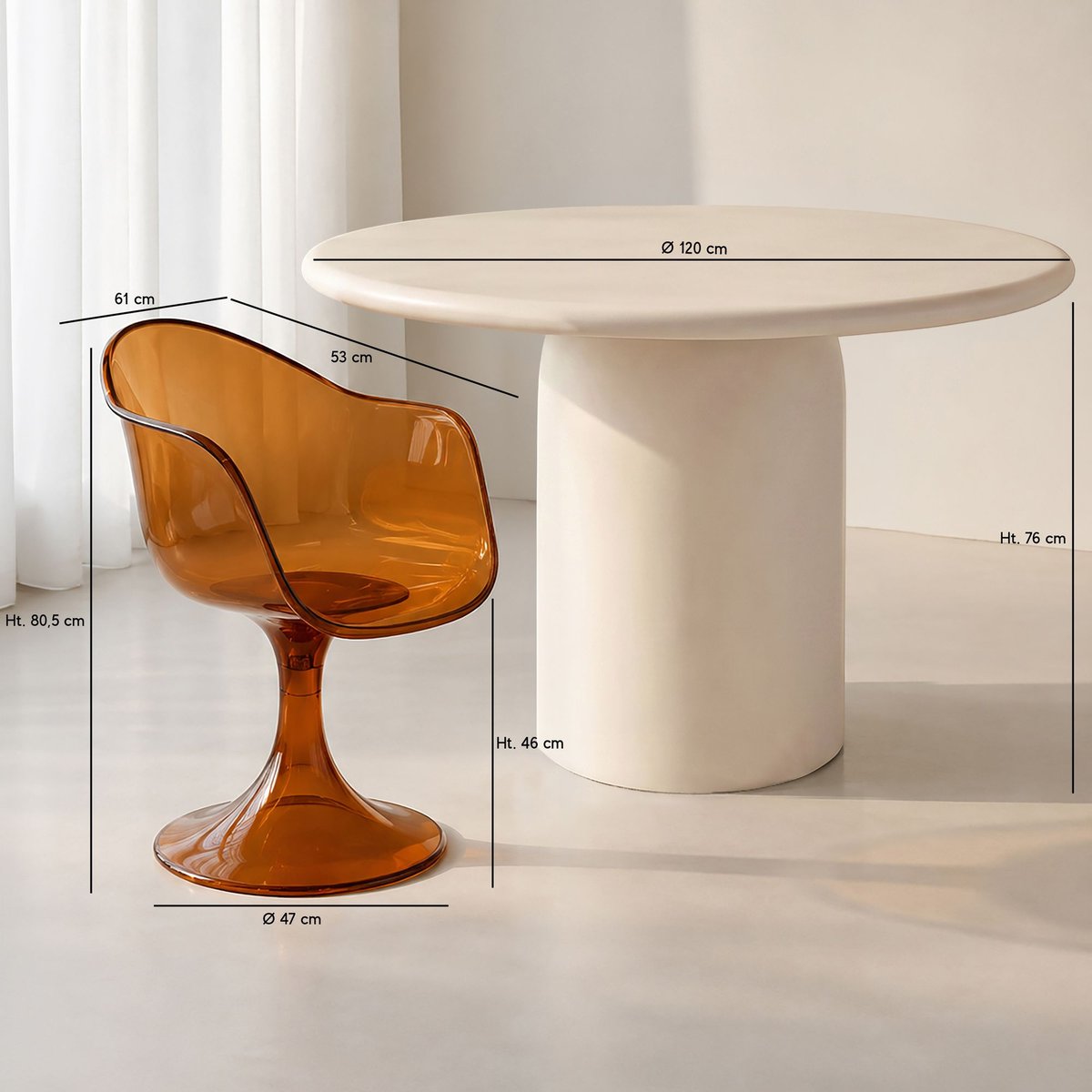 Table ronde effet béton Ø120cm avec 4 fauteuils GLAM couleur unique, NOW'S HOME