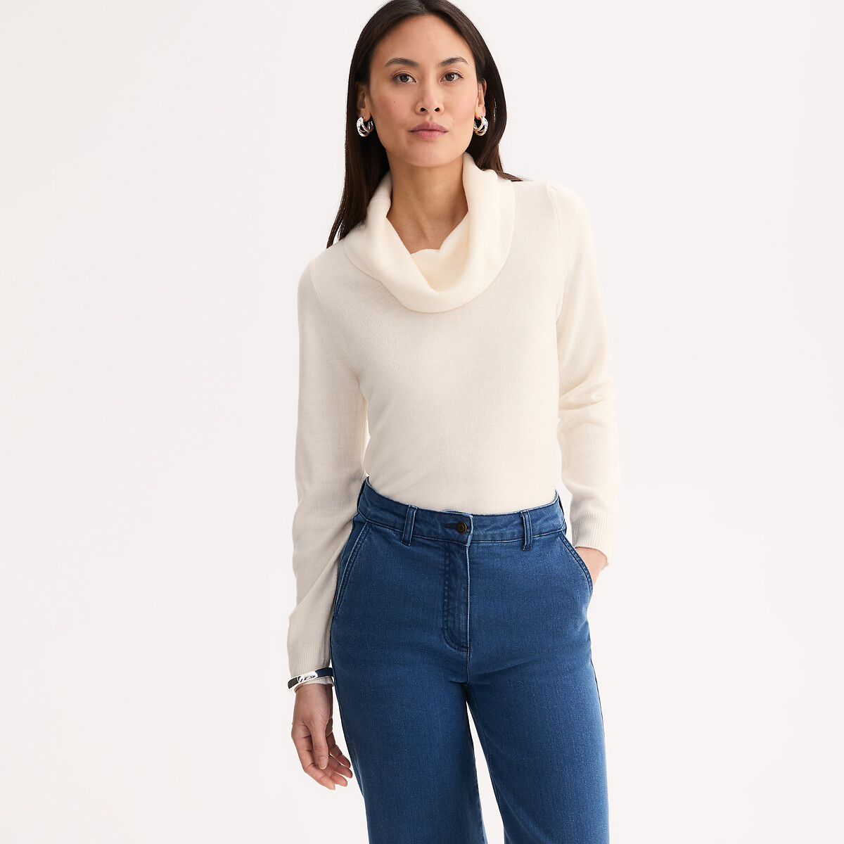 Pull col boule, manches longues, toucher très doux ecru, ANNE WEYBURN