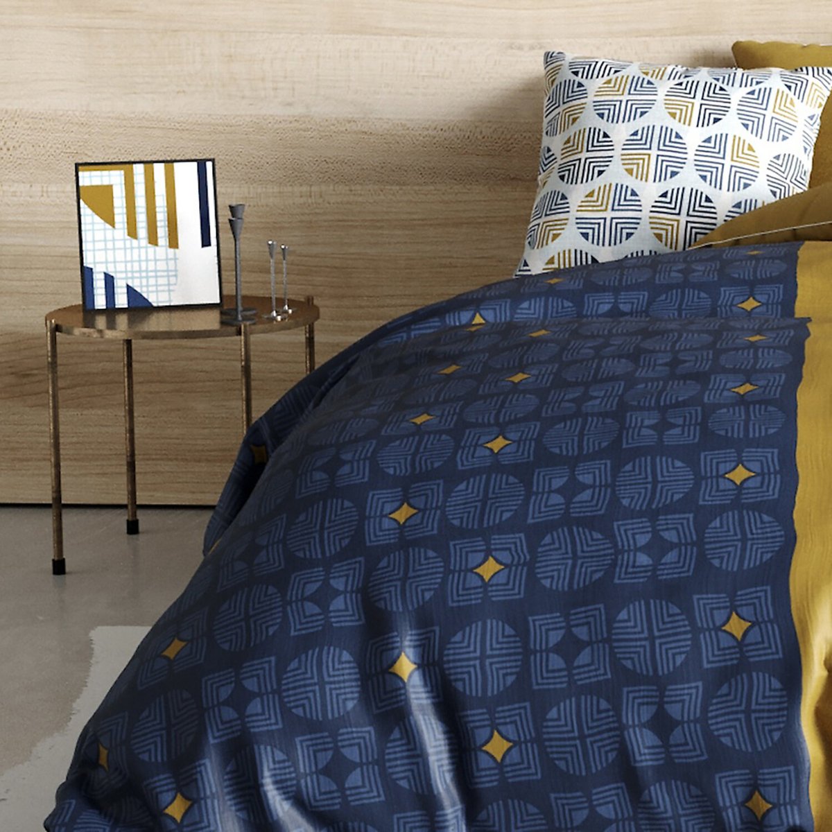 Parure housse de couette imprimée + taie(s) en coton, Sirius bleu, ATELIER DU COTON
