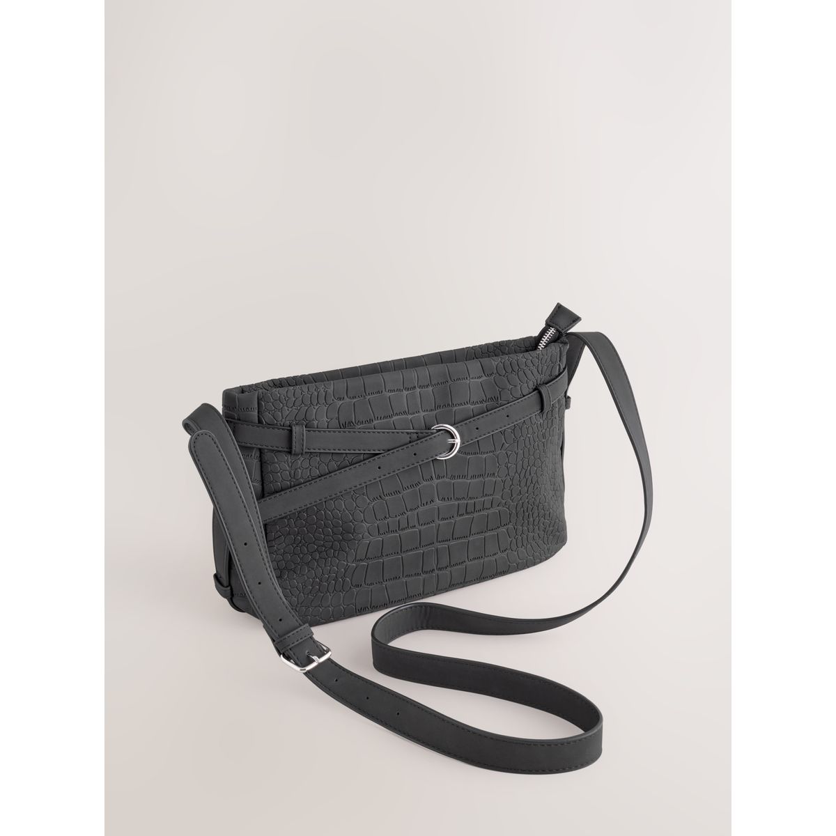 Petit sac bandoulière croco en simili daim noir, NEXT