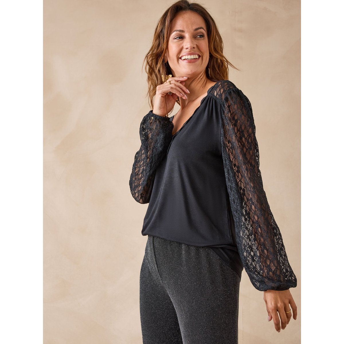 Tee-shirt manches dentelle noir, DAXON