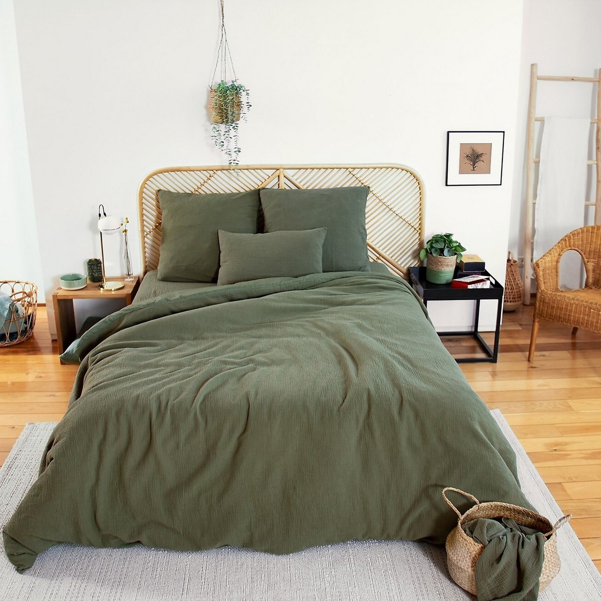 Parure de lit - housse de couette avec taies en gaze de coton kaki, EDEN
