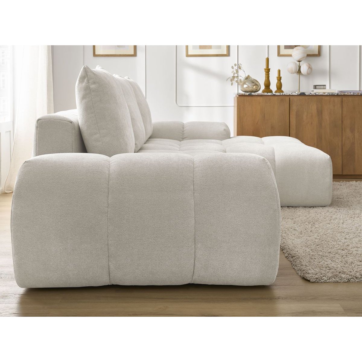 Canapé d'angle convertible 3 places en tissu texturé, EVEREST blanc, BOBOCHIC