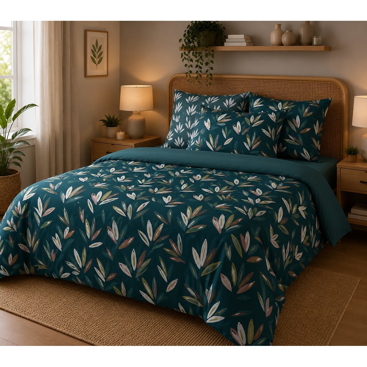 Parure de Drap + 2 taies d'oreiller Collection Douceur d'automne bleu, EDEN
