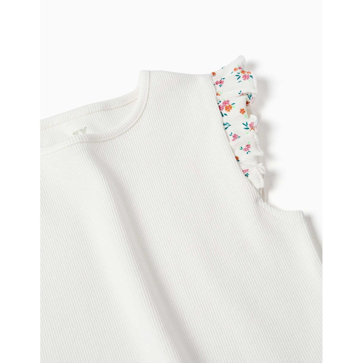 T-shirt en coton côtelé avec manches à volants beige clair, ZIPPY