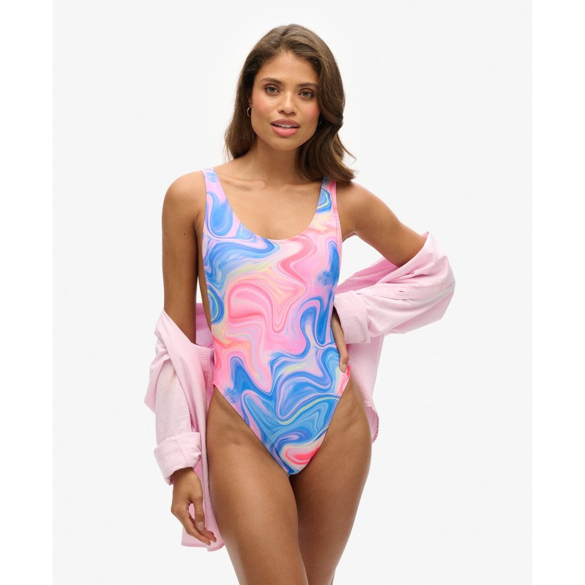 Maillot de bain imprimé à dos échancré marbre multicolore, SUPERDRY