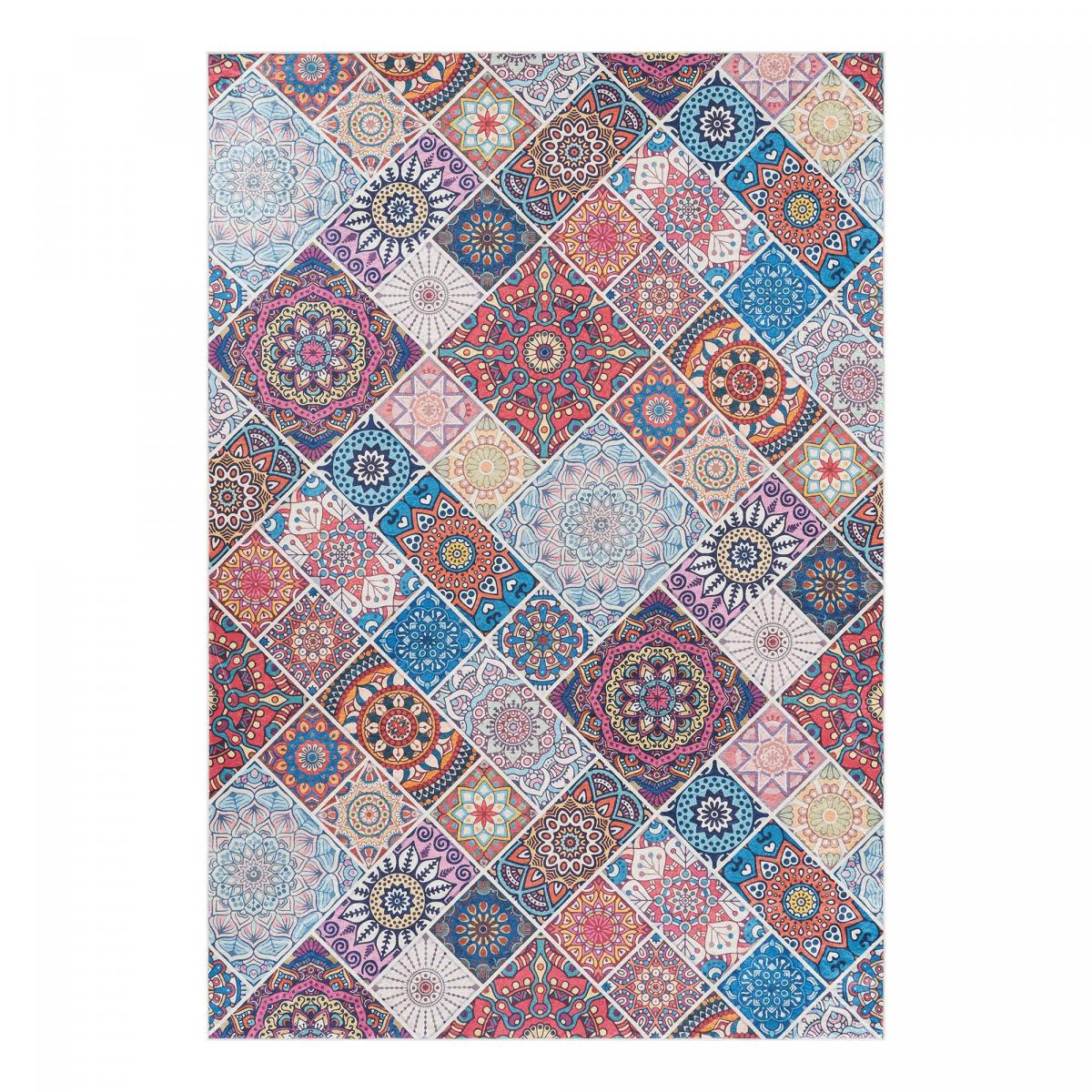 Tapis kilim à motif géométrique authentique, LYN11 BOHEME bleu, rouge, multicolore, UN AMOUR DE TAPIS