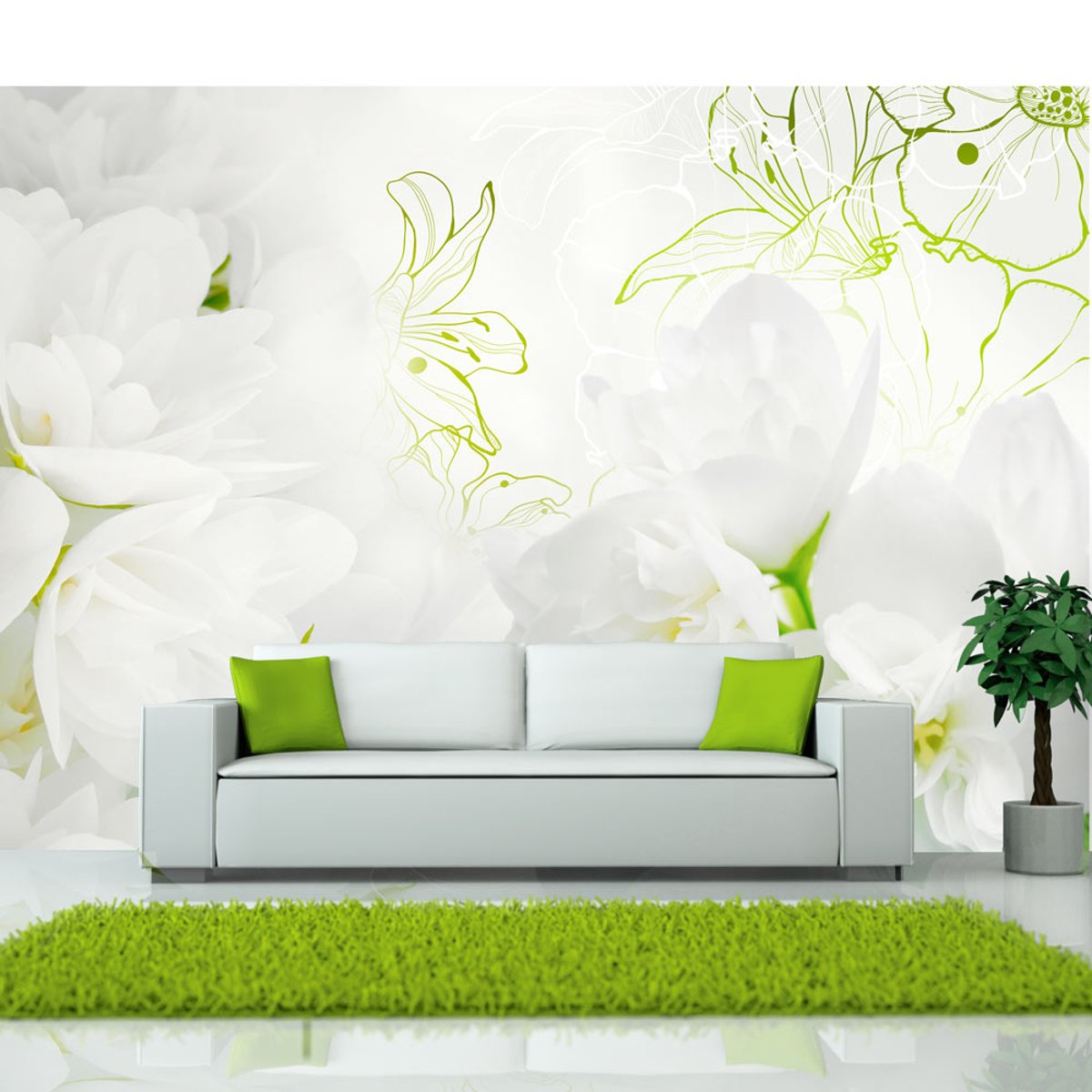 Papier peint intissé panoramique Fleurs Jasmine vert, EDEN