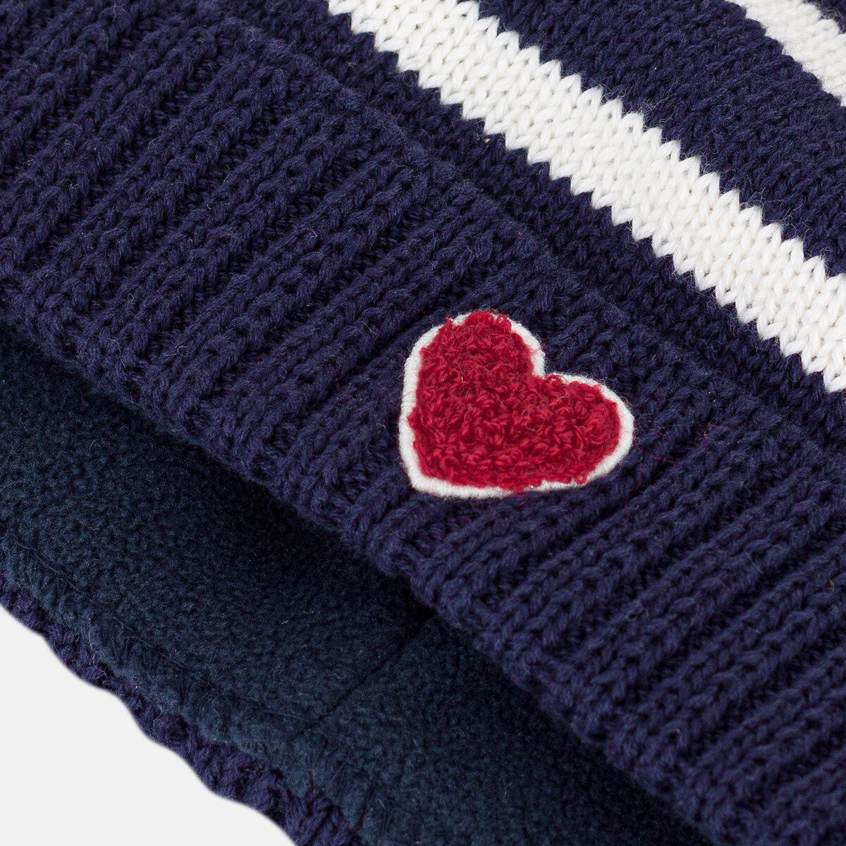 Bonnet rayé en tricot, doublé polaire bleu marine rayé, PETIT BATEAU