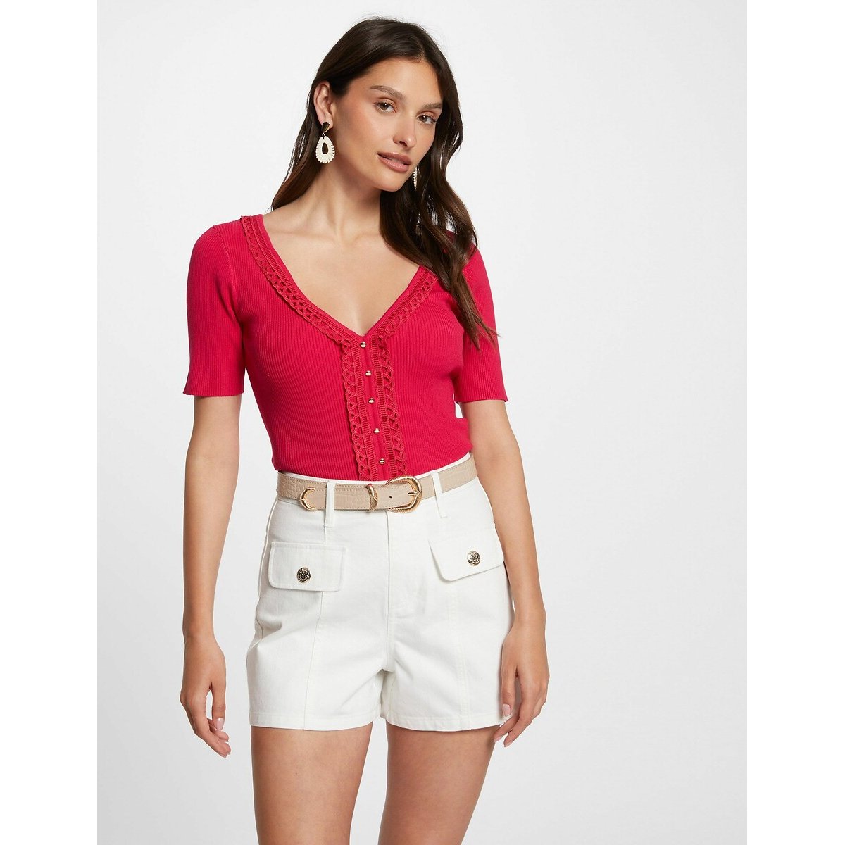 Fine Knit Jumper with V-Neck strawberry, MORGAN