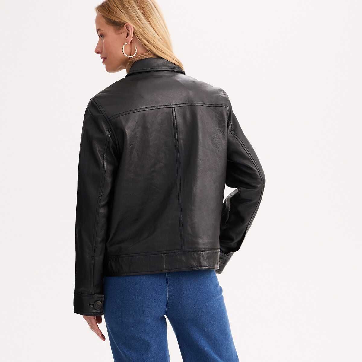 Blouson court cuir de mouton, fermeture boutonnée marron, ANNE WEYBURN