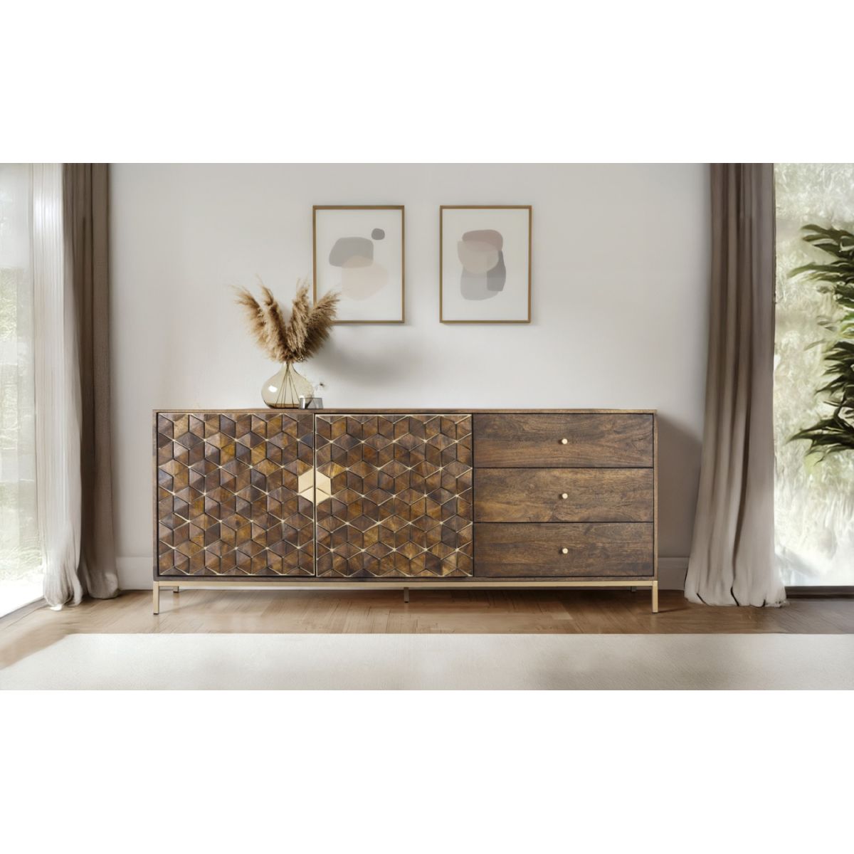 Bahut 3 tiroirs 2 portes Bois Marron - marron, DECORATION D’AUTREFOIS