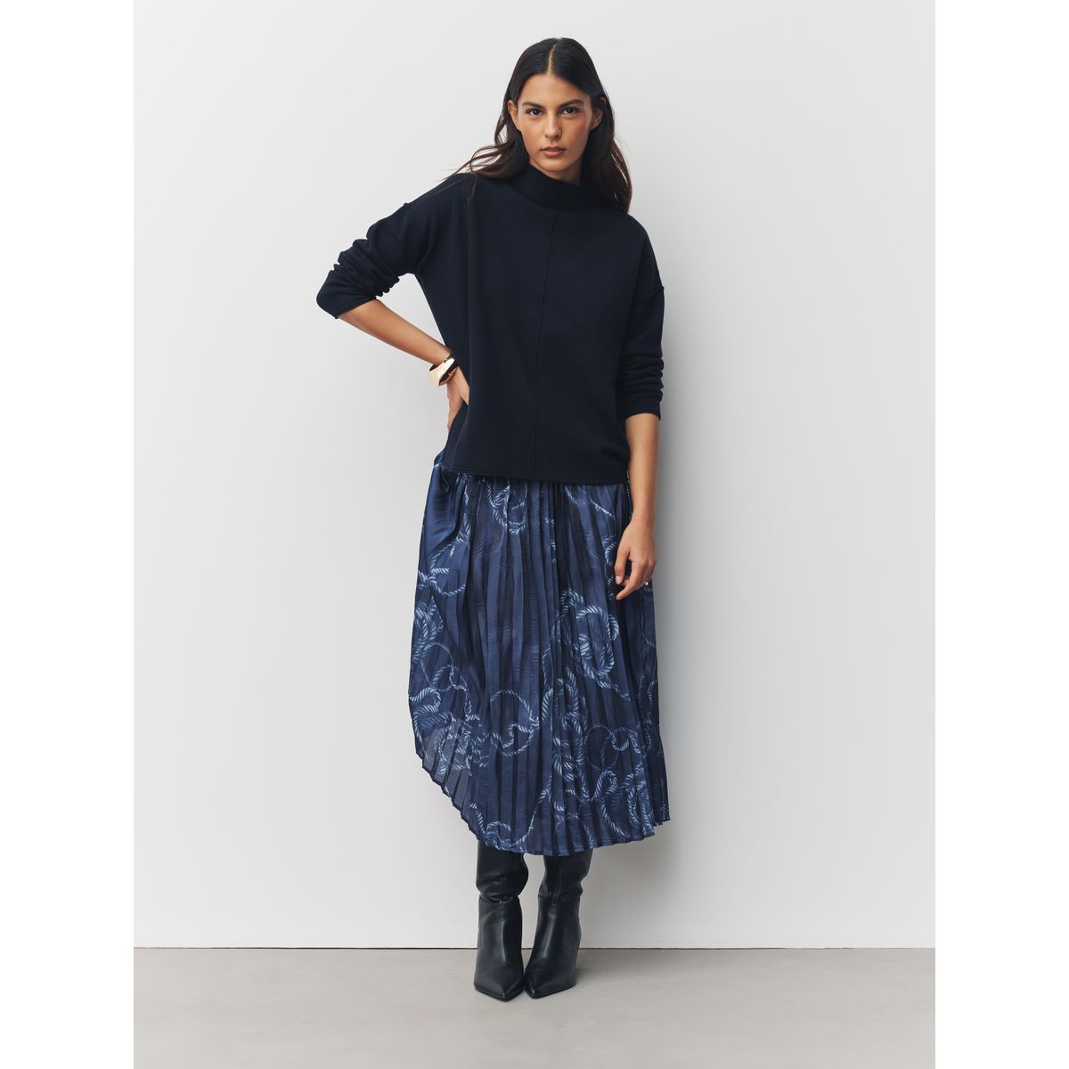 Pull jupe 2-en-1 midi plissée imprimé nautique bleu marine, NEXT