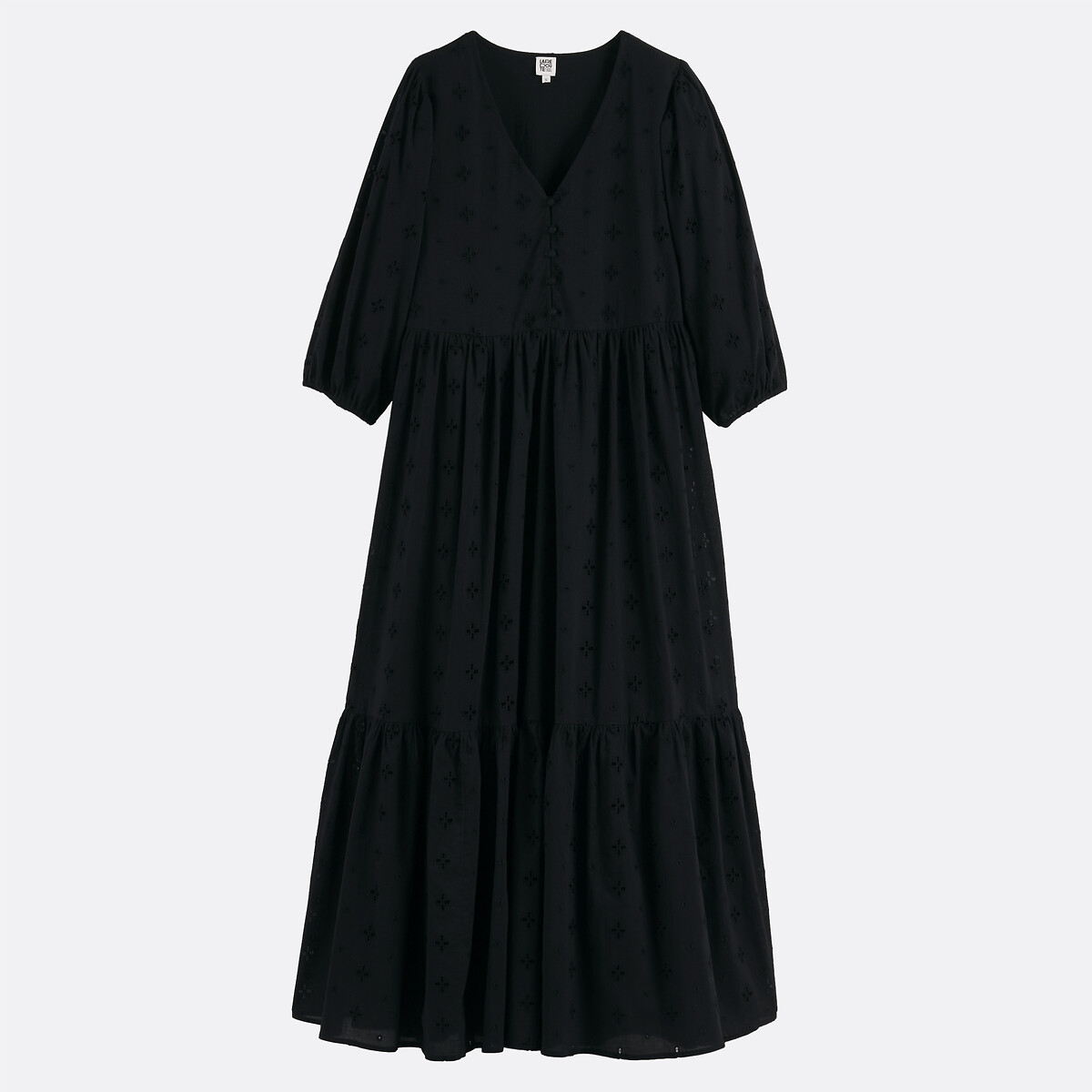 Vestido largo con escote en pico y bordado inglés negro, LA REDOUTE COLLECTIONS