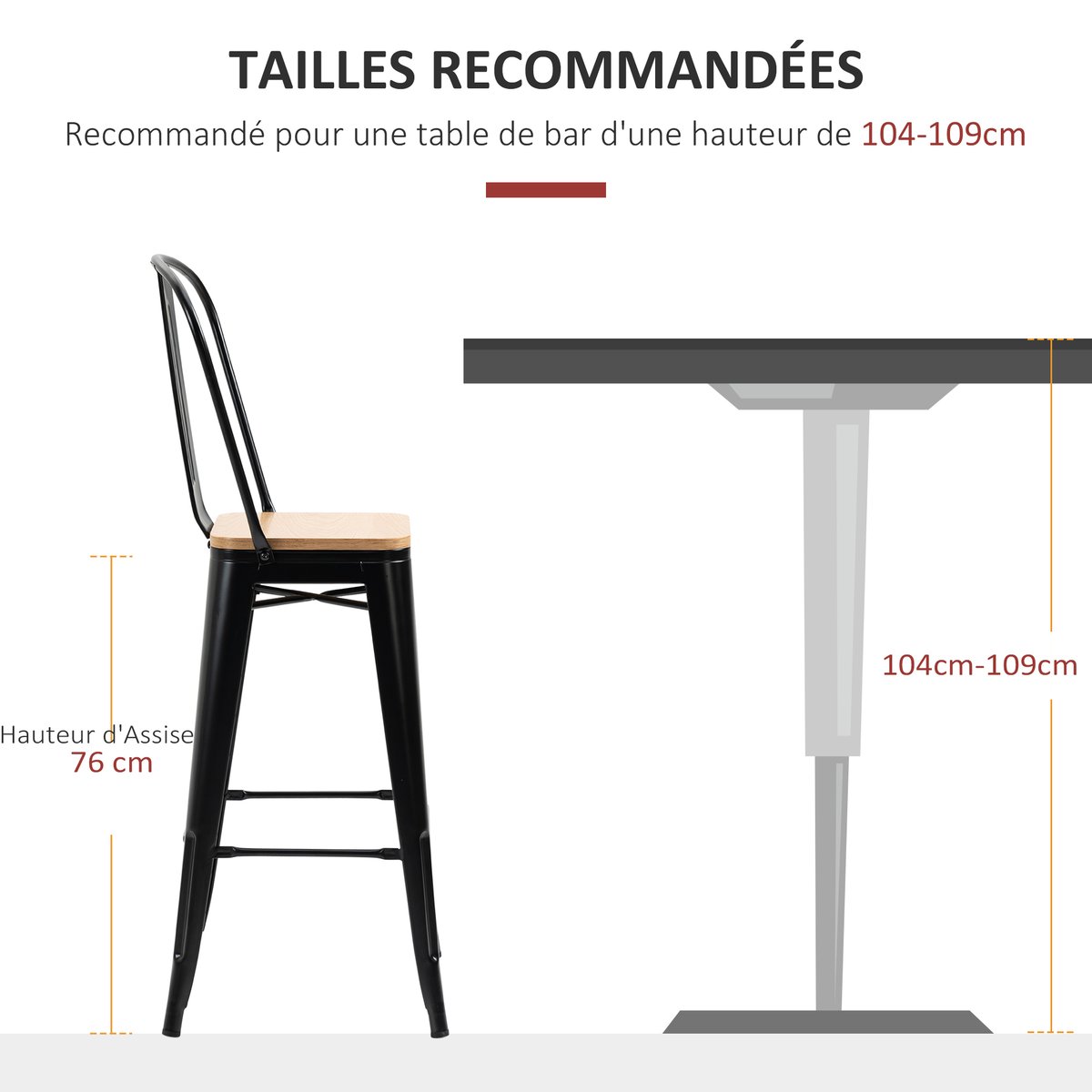 Tabouret de bar Métal Noir noir et bois clair, HOMCOM
