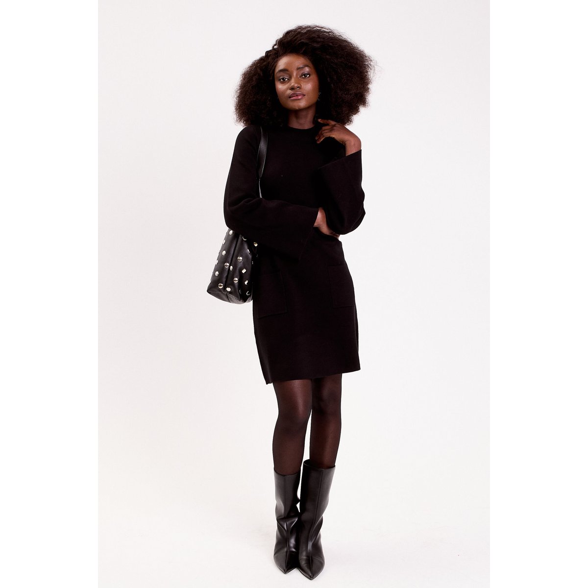 Robe manches longues col montant noir, CACHE CACHE