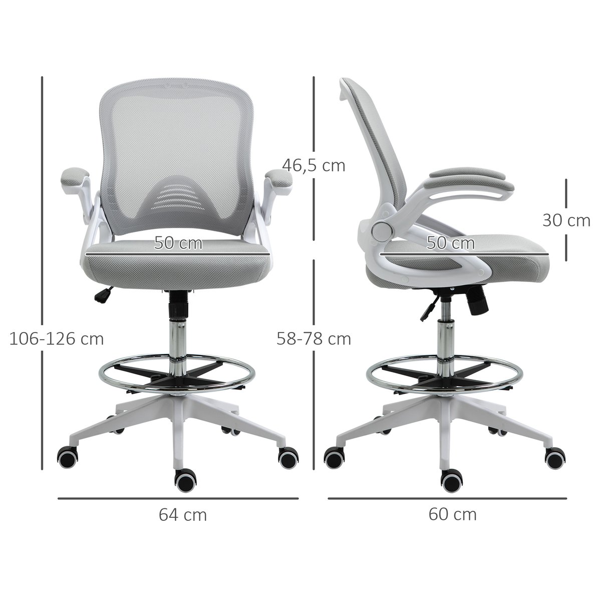 Chaise de bureau pour poste de travail debout gris et blanc, HOMCOM