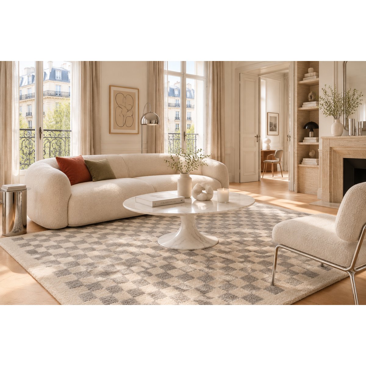 Tapis damier poils longs doux et volumineux CHECKERS gris minéral, AFK LIVING