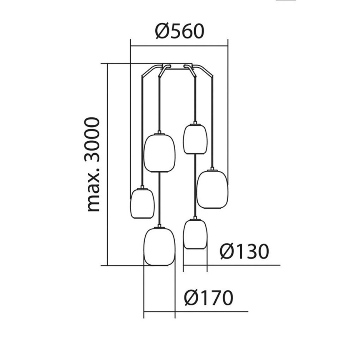 Grande suspension 6 lampes verre opale Jap noir noir, MILLUMINE
