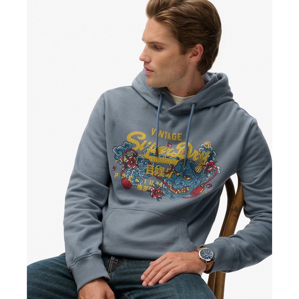 Sweat à capuche décontracté Vintage Logo Tokyo bleu gris grès, SUPERDRY