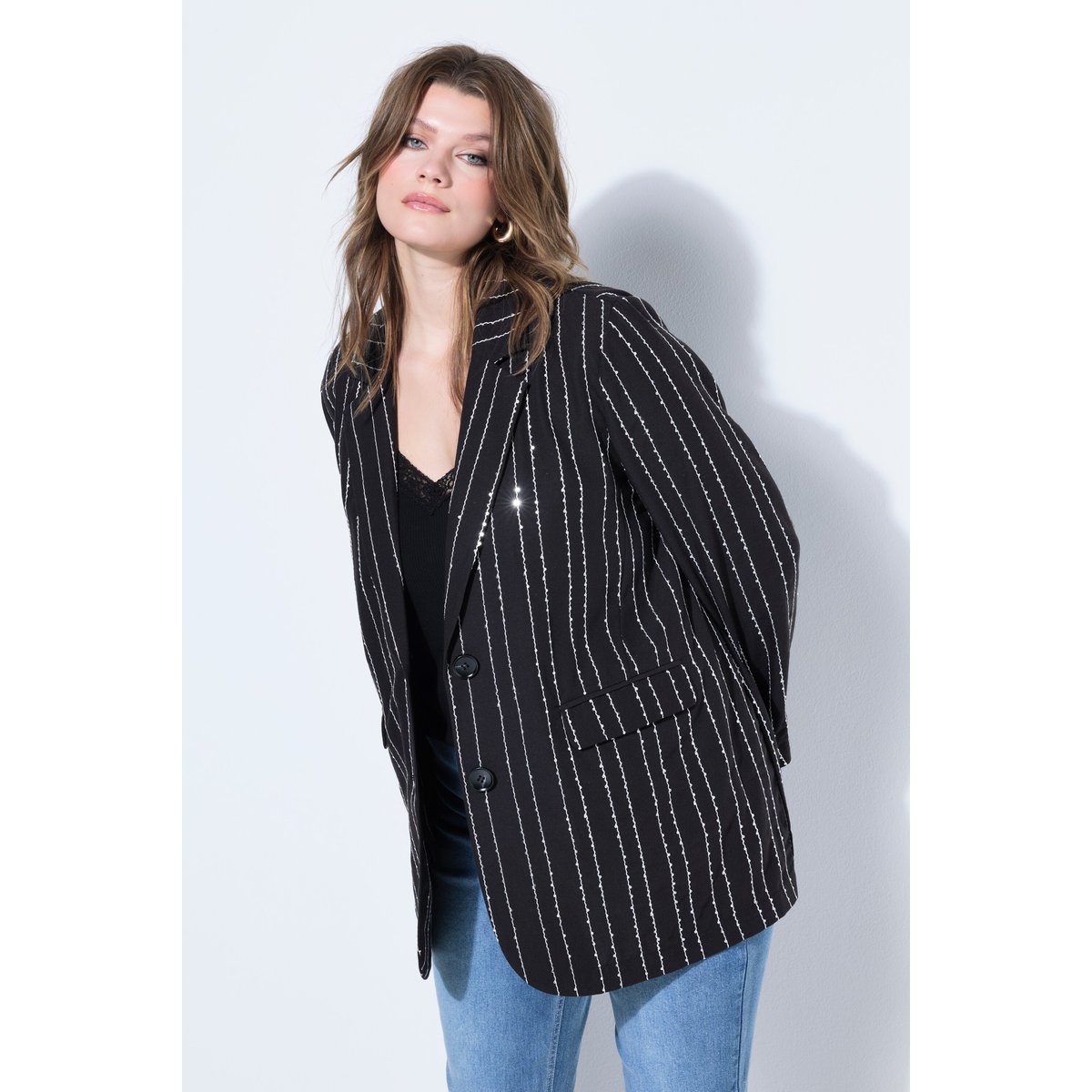 Blazer oversize, rayures fines à sequins noir, STUDIO UNTOLD