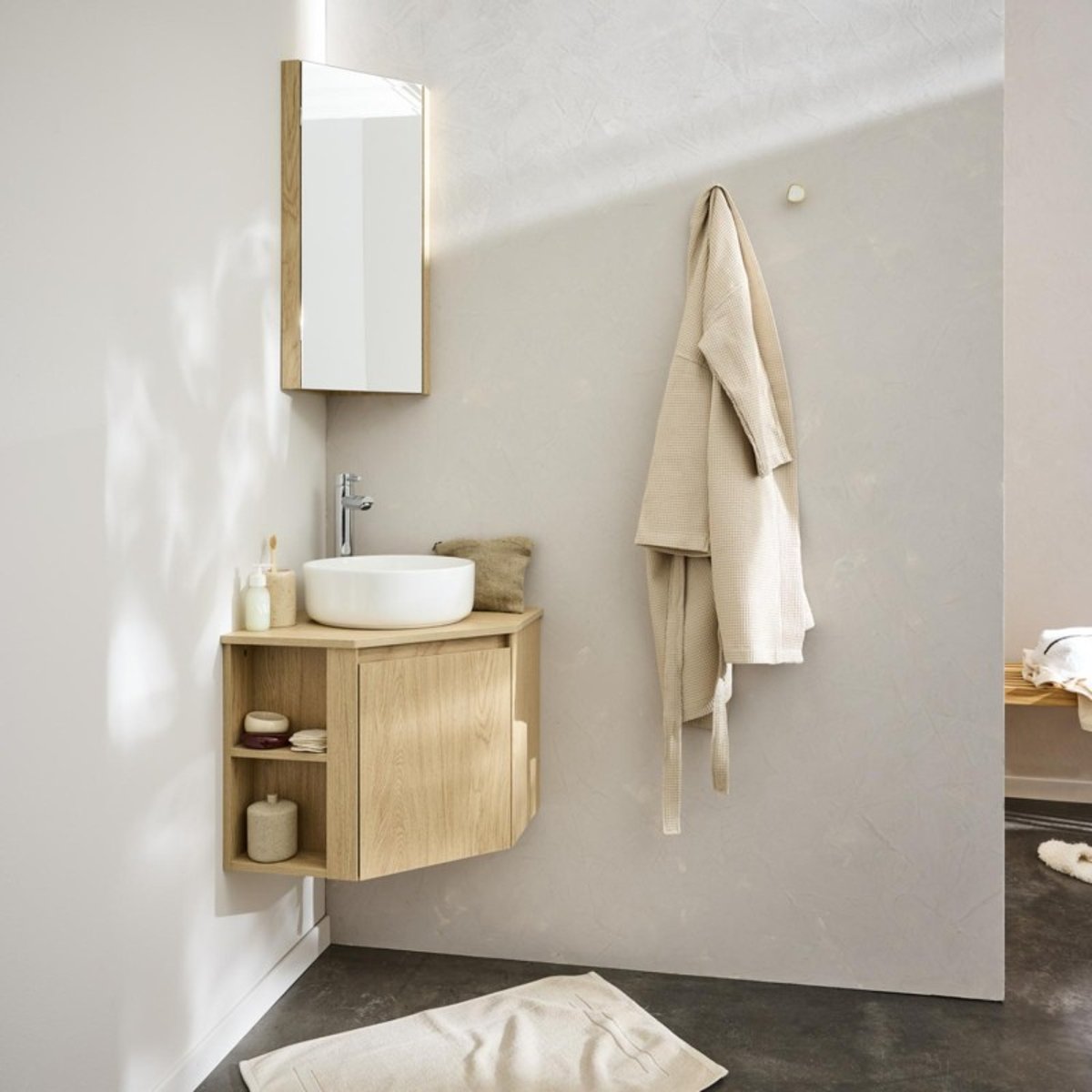 Meuble sous vasque d'angle avec vasque, robinet et armoire SORRENTO décor chêne, MOB IN