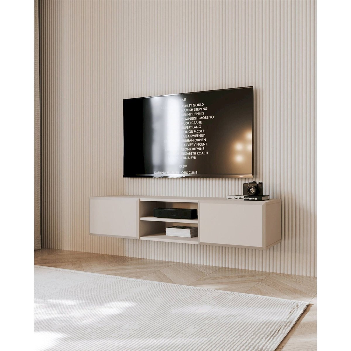 Meuble tv suspendu bois CHOCOLATED à niche beige sable, RECOLLECTION