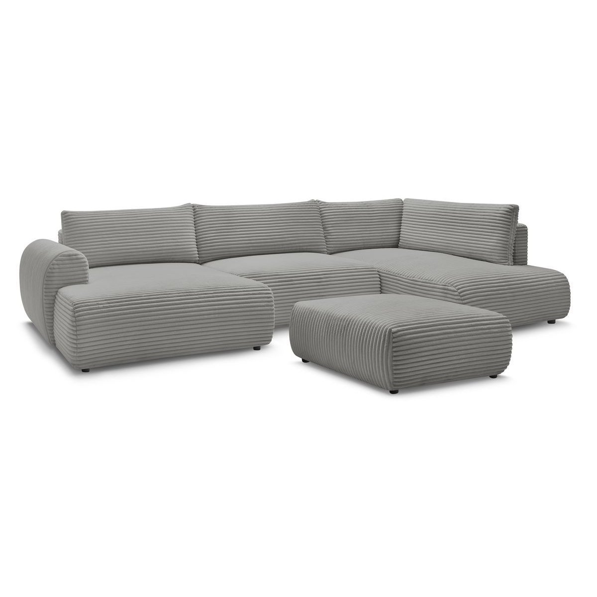 Canapé panoramique convertible 6 places en gros côtelé doux avec pouf, LUCIEN gris foncé, BOBOCHIC