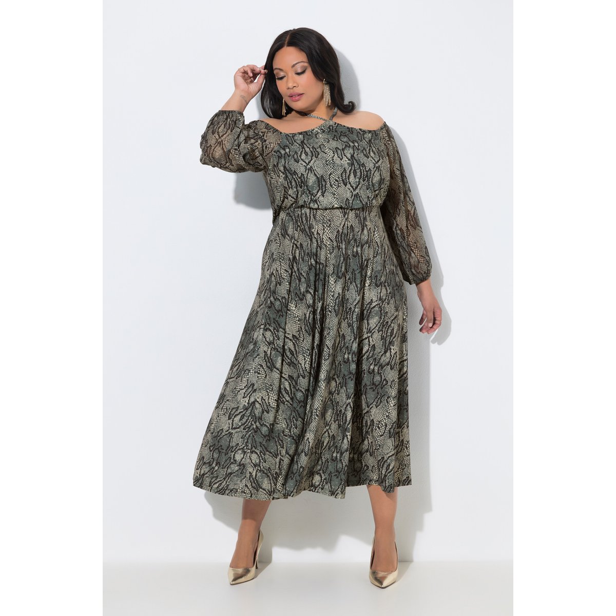 Robe longue, motif animalier, col Carmen gris olive, ULLA POPKEN