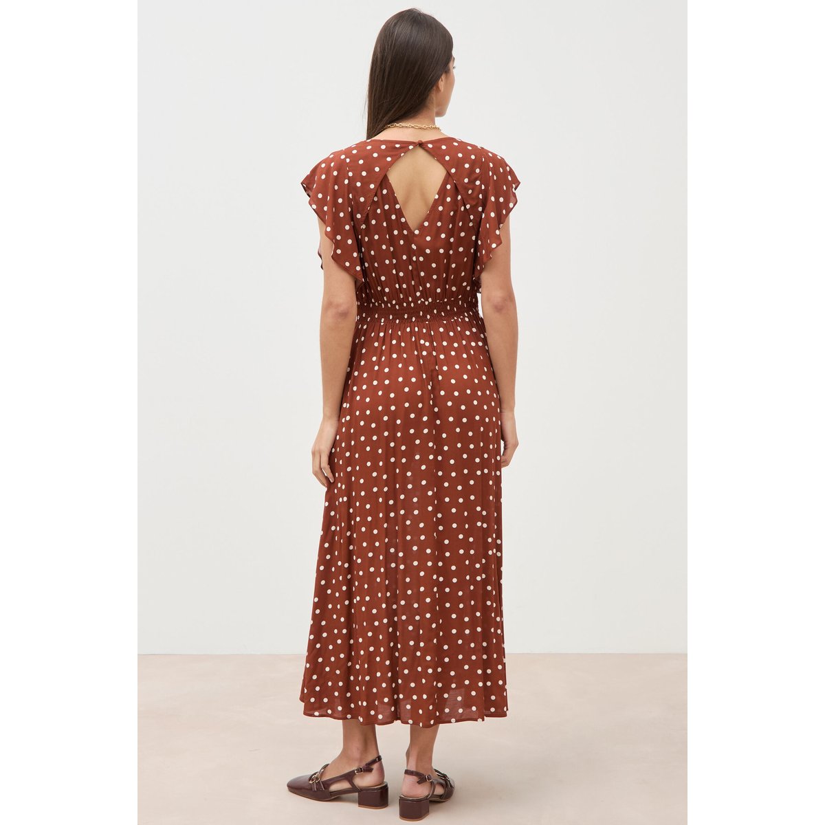 Robe longue évasée col v manches courtes marron cognac, BONOBO