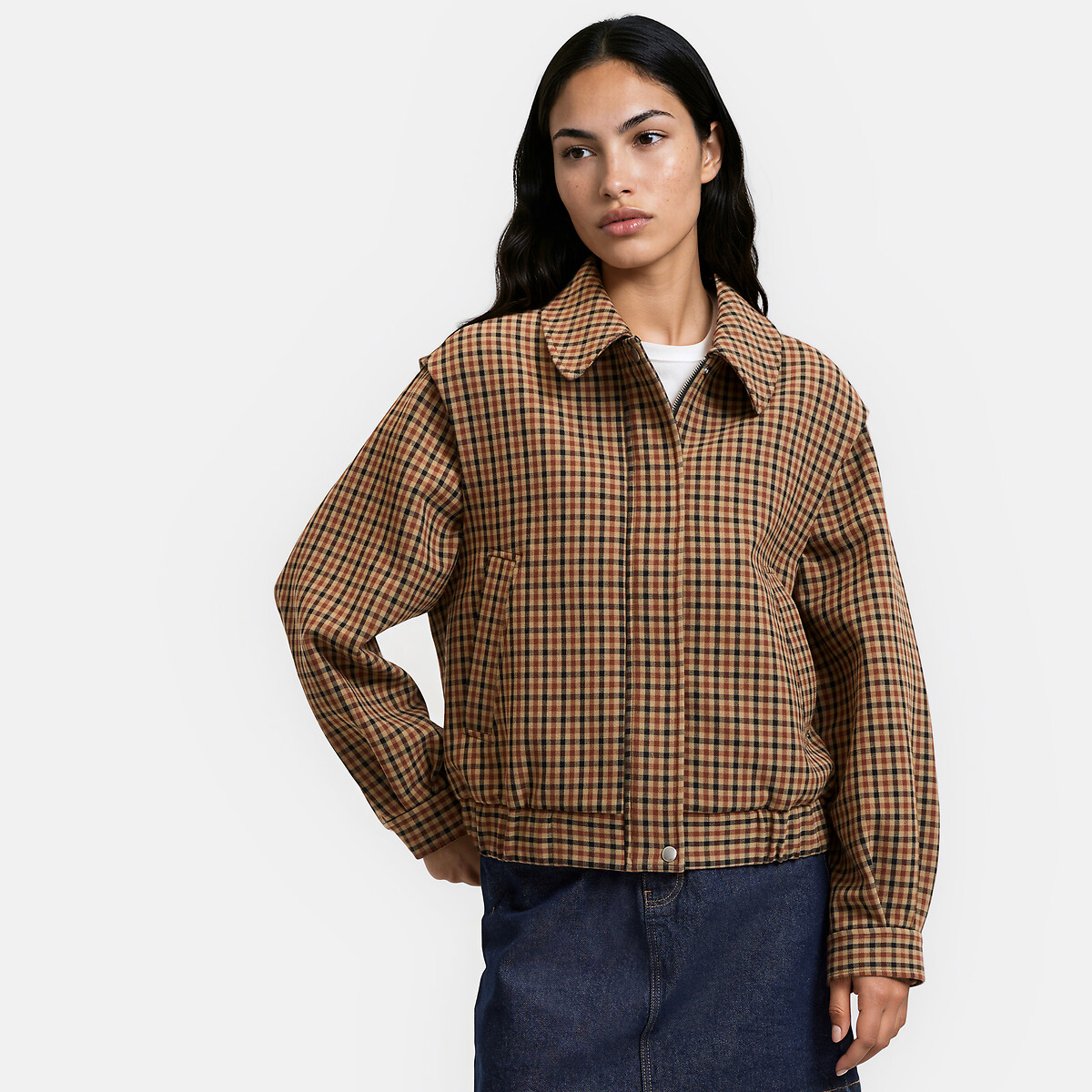 Blouson à carreaux à col chemise carreaux beige, LA REDOUTE COLLECTIONS