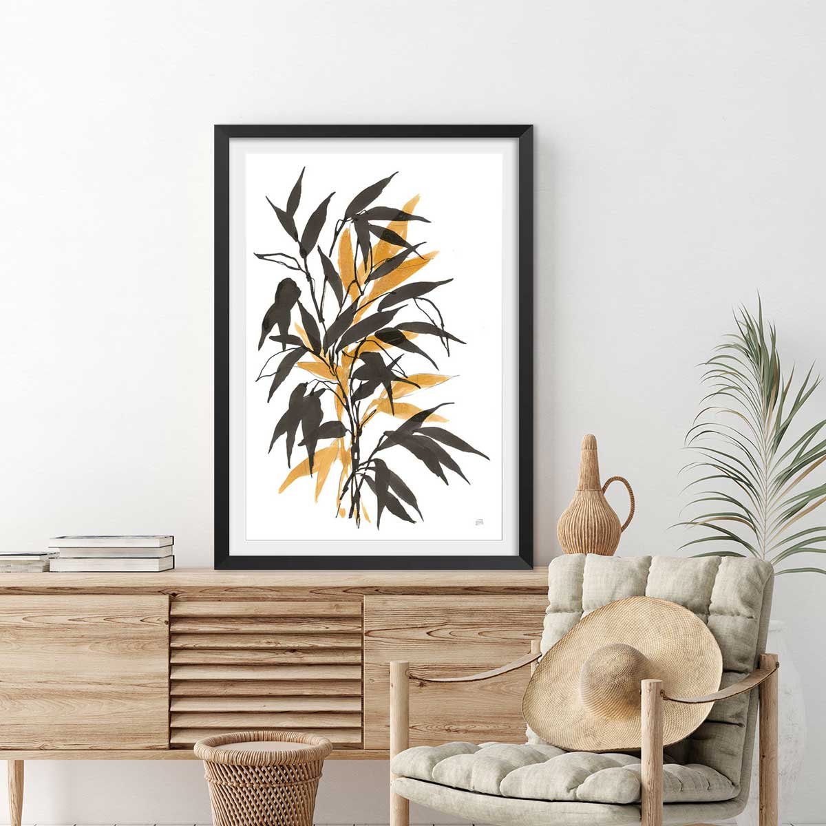 Poster watercolor bambou affiche + cadre en bois - noir, HEXOA