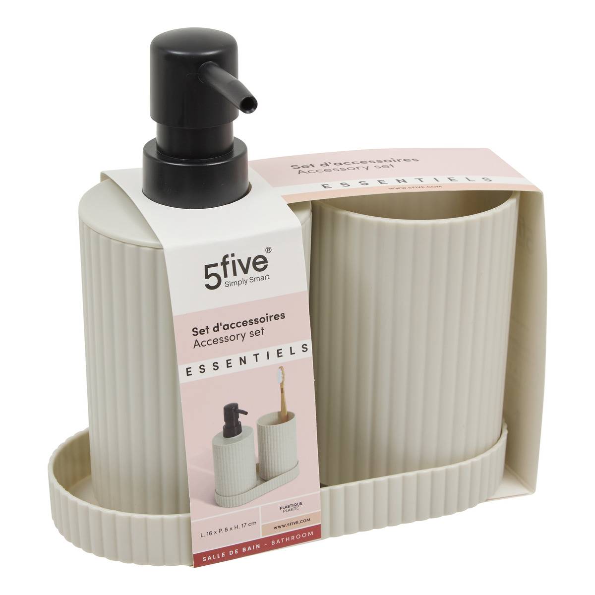 Lot distributeur de savon et gobelet strié ECO beige, 5FIVE SIMPLY SMART