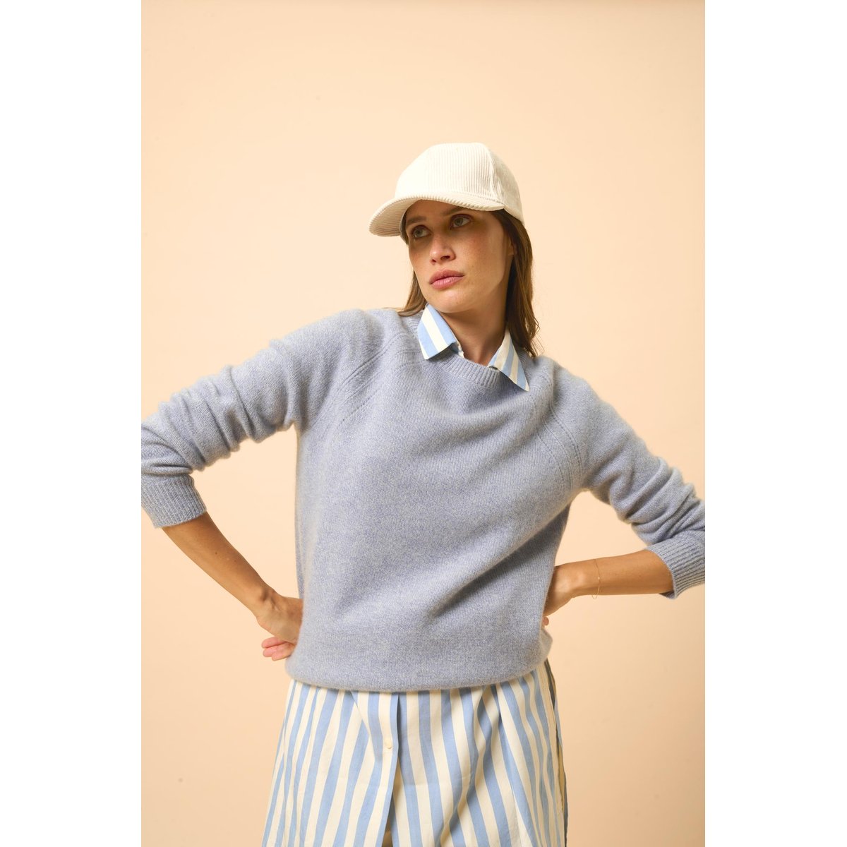 Pull Col Rond 4 Fils Bleu Ivoire Arequipa bleu blanc, JUST CASHMERE