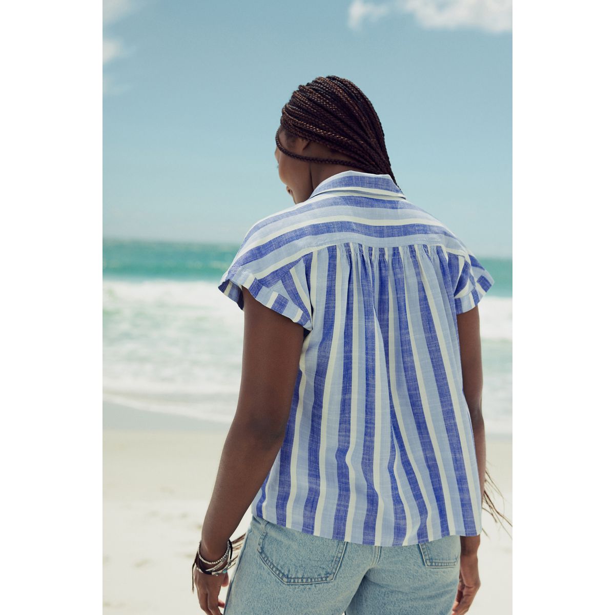 Chemise manches courtes contenant du lin rayures bleues, NEXT