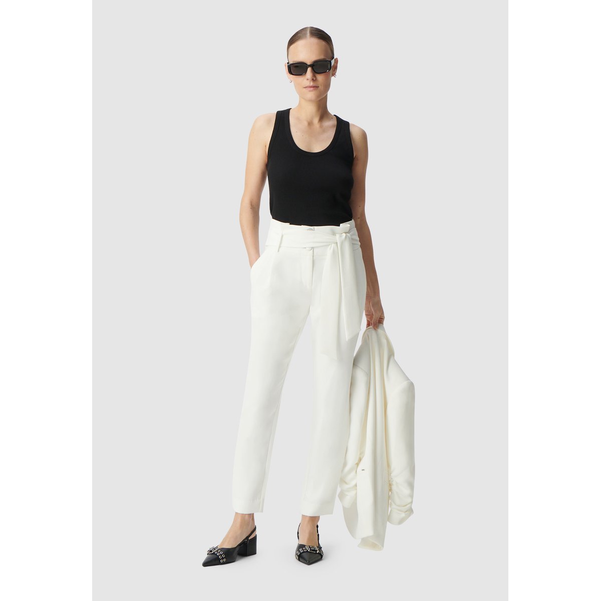 Pantalon droit recyclé taille haute ceinturée blanc cassé, IKKS