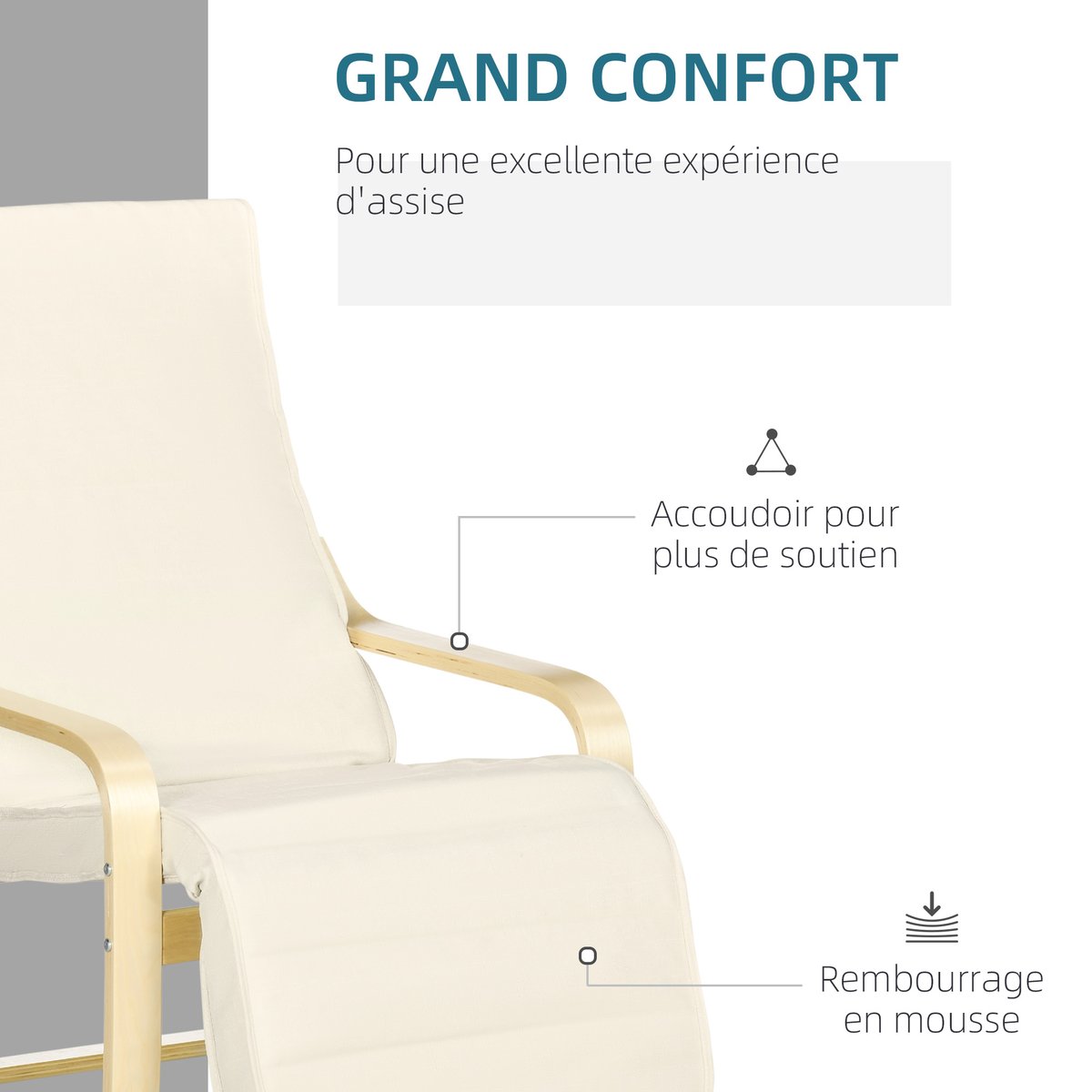 Accent Chair Lin (100% polyester) Crème crème, bois naturel, HOMCOM
