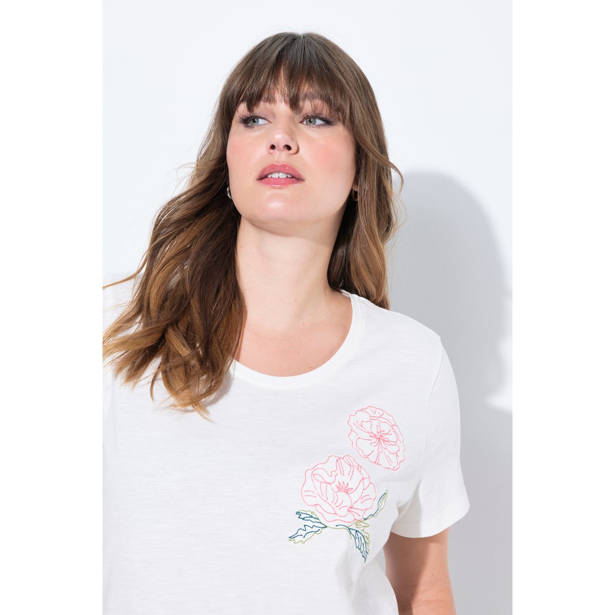 T-shirt, broderie coquelicot, col rond blanc cassé, ULLA POPKEN